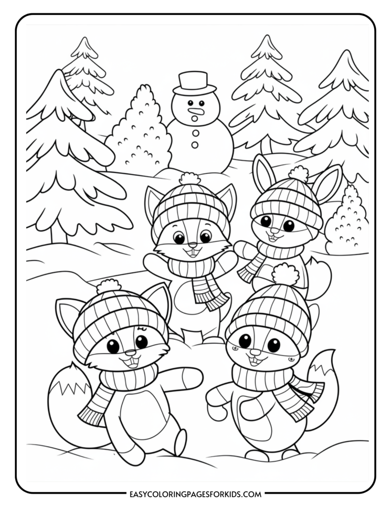 A playful winter scene featuring four adorable cartoon animals wearing knitted hats and scarves, surrounded by snow-covered trees and a cheerful snowman, perfect for a kids' coloring activity.