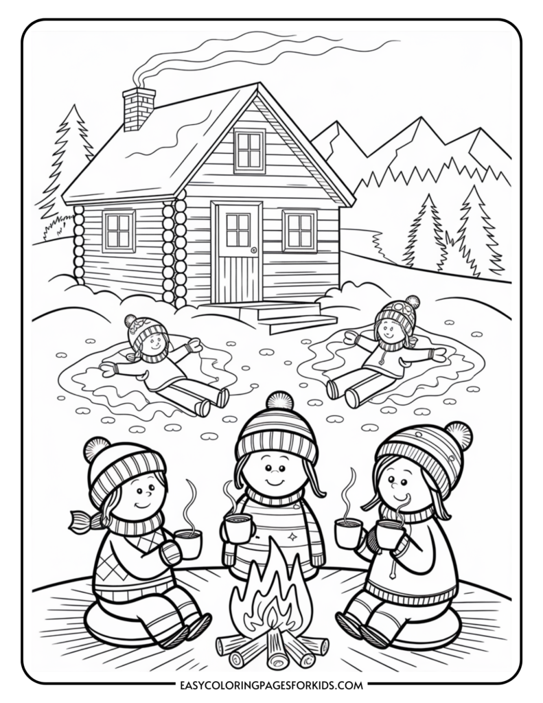 Winter scene coloring page featuring a cozy log cabin, a campfire, and three children in winter attire enjoying hot beverages, with two kids making snow angels in the background. Ideal for children's winter-themed activities.