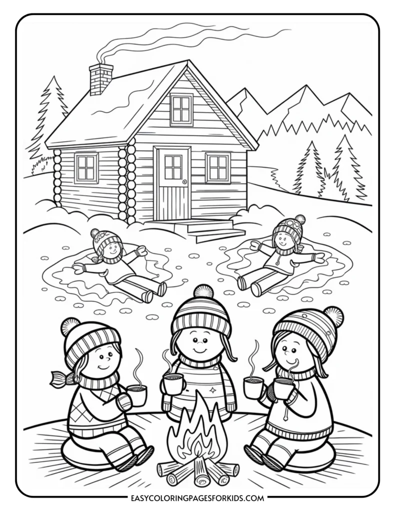 Winter scene coloring page featuring a cozy log cabin, a campfire, and three children in winter attire enjoying hot beverages, with two kids making snow angels in the background. Ideal for children's winter-themed activities.