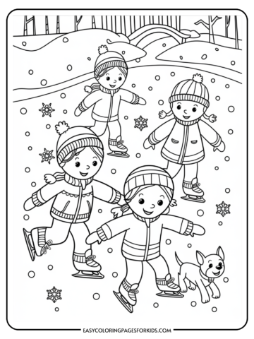 Children ice skating in a snowy landscape, enjoying winter fun with a playful dog nearby. The scene features three kids wearing winter clothing and hats, surrounded by falling snowflakes and a serene forest backdrop. Perfect for coloring activities.