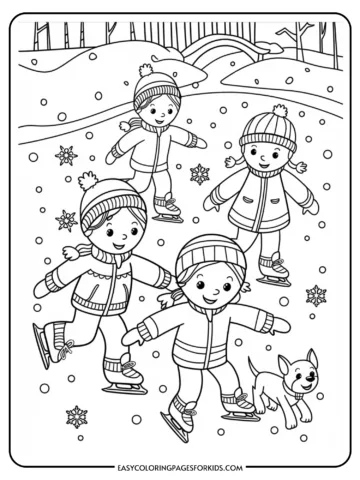 Children ice skating in a snowy landscape, enjoying winter fun with a playful dog nearby. The scene features three kids wearing winter clothing and hats, surrounded by falling snowflakes and a serene forest backdrop. Perfect for coloring activities.