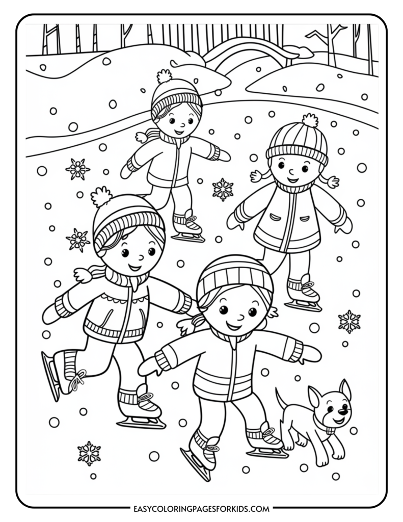 Children ice skating in a snowy landscape, enjoying winter fun with a playful dog nearby. The scene features three kids wearing winter clothing and hats, surrounded by falling snowflakes and a serene forest backdrop. Perfect for coloring activities.