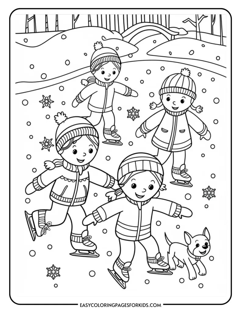 Children ice skating in a snowy landscape, enjoying winter fun with a playful dog nearby. The scene features three kids wearing winter clothing and hats, surrounded by falling snowflakes and a serene forest backdrop. Perfect for coloring activities.