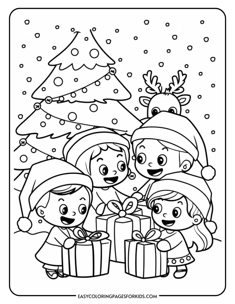 Four children in festive hats joyfully exchanging gifts in front of a decorated Christmas tree, with snowflakes falling around them. Perfect for holiday coloring activities.