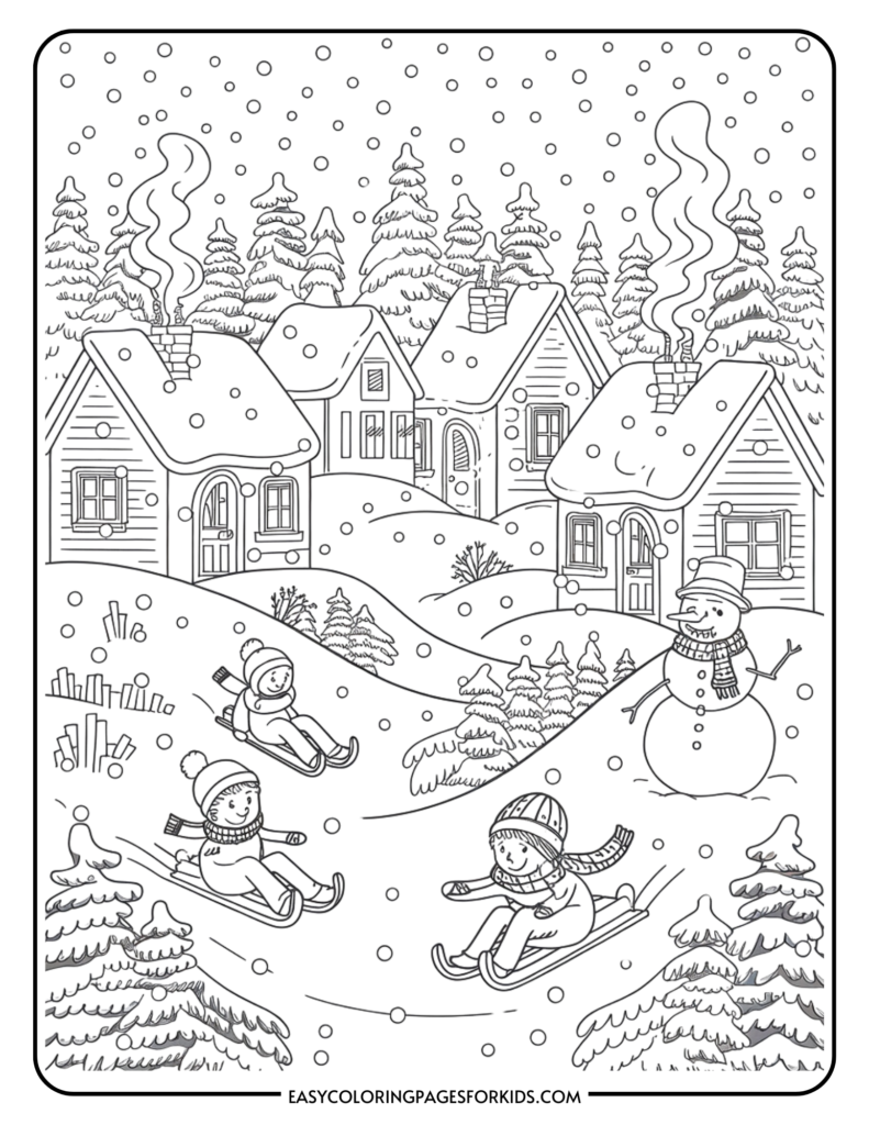 Winter scene coloring page featuring children sledding, a snowman, and cozy houses with smoke rising from chimneys, surrounded by snow-covered trees. Perfect for kids' winter activities.