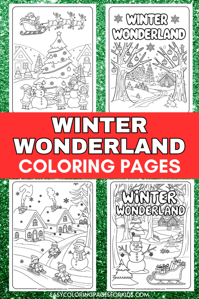 Four winter wonderland coloring pages featuring festive scenes such as Santa in a sleigh, children building snowmen, decorated Christmas trees, and cozy cabins with snow. Ideal for kids' holiday activities, these pages encourage creativity and fine motor skills.