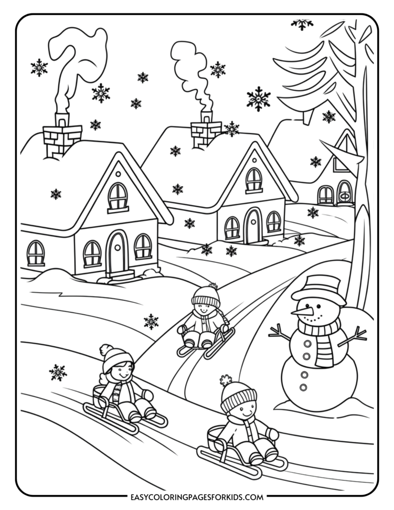 Winter-themed coloring page featuring children sledding down a snowy hill, surrounded by cozy houses with smoke rising from chimneys, a cheerful snowman, and falling snowflakes. Perfect for kids' creative activities.