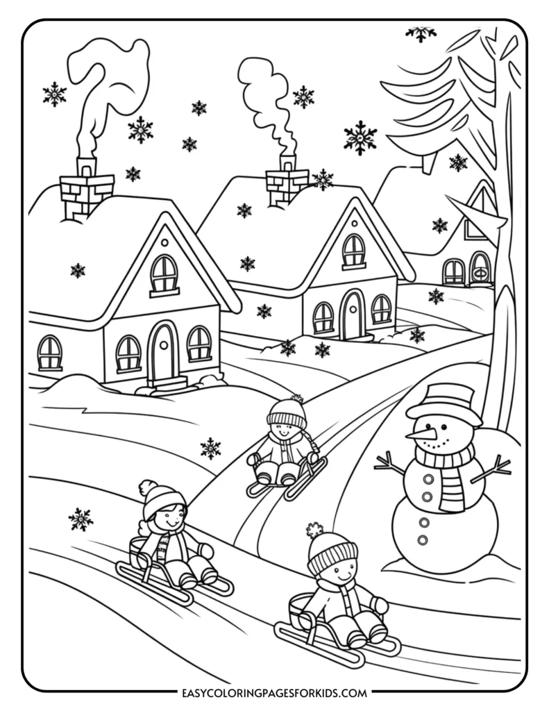 Winter-themed coloring page featuring children sledding down a snowy hill, surrounded by cozy houses with smoke rising from chimneys, a cheerful snowman, and falling snowflakes. Perfect for kids' creative activities.