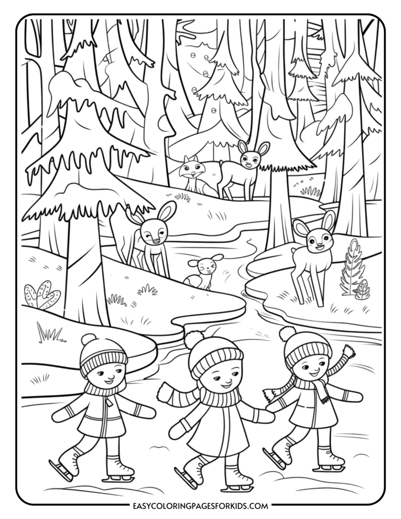 Two children ice skating in a winter forest scene, surrounded by trees and wildlife including deer and a fox, depicted in a black and white coloring page for kids.