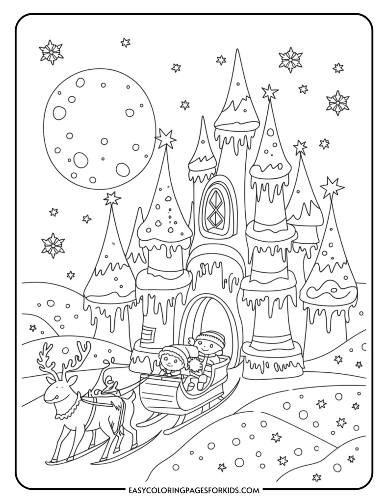 Coloring page featuring a whimsical winter scene with a castle adorned with snow and icicles, a moon in the sky, and two children riding a sleigh pulled by a reindeer among snowy hills and stars. Perfect for kids' holiday-themed activities.