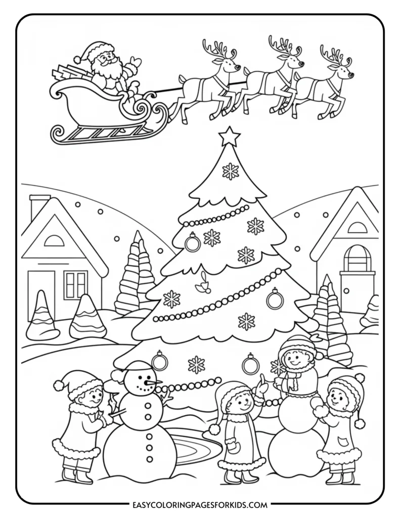 Black and white coloring page featuring Santa Claus in a sleigh with reindeer flying above a snowy landscape, a decorated Christmas tree, and children building a snowman and playing in the snow. Ideal for holiday-themed coloring activities for kids.