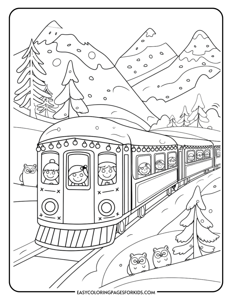 Coloring page featuring a whimsical train traveling through a snowy mountain landscape, with children visible in the windows and playful owls in the foreground. Ideal for kids' creative activities.