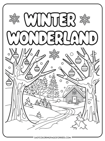 Black and white coloring page featuring a winter wonderland scene with snow-covered trees, a cozy cabin, and decorated ornaments hanging from the branches, perfect for kids' holiday-themed activities.