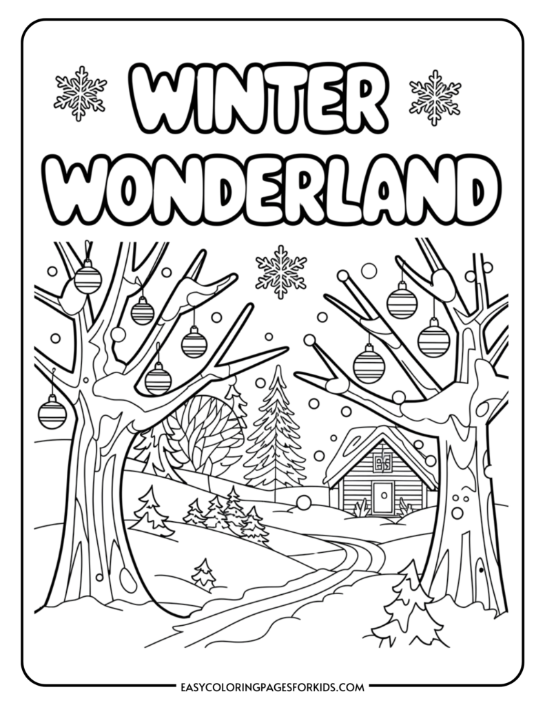 Black and white coloring page featuring a winter wonderland scene with snow-covered trees, a cozy cabin, and decorated ornaments hanging from the branches, perfect for kids' holiday-themed activities.