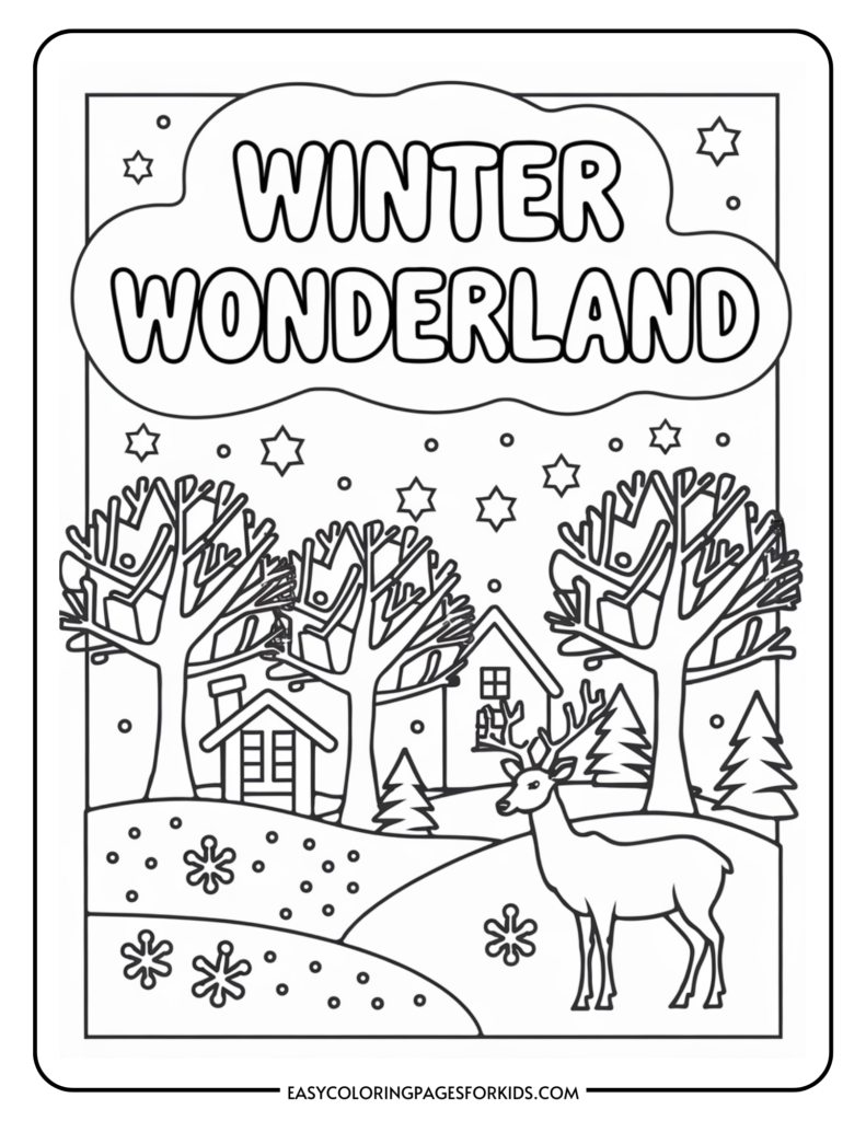 Coloring page featuring a winter wonderland scene with a deer, a cozy cabin, snow-covered trees, and falling snowflakes, perfect for children's winter activities.