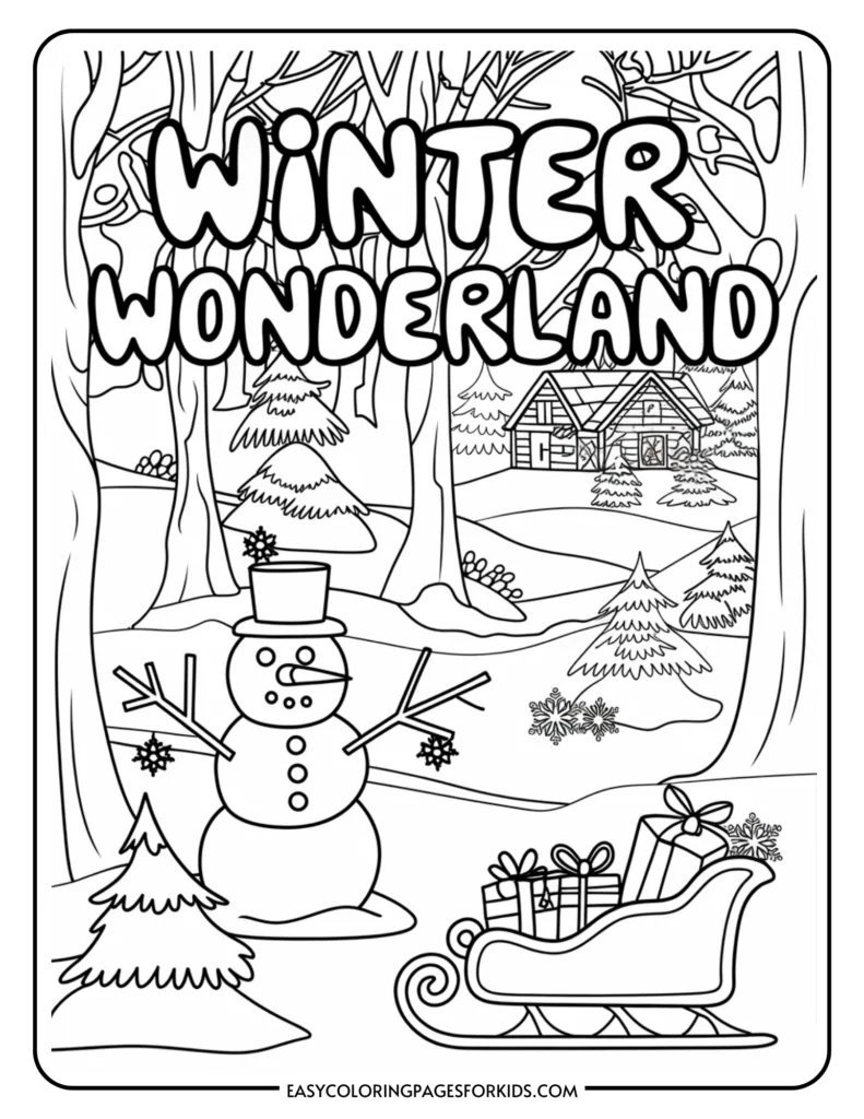 Winter Wonderland coloring page featuring a cheerful snowman wearing a top hat, surrounded by snow-covered trees and a cozy cabin in the background, with a sleigh full of presents. Ideal for children's winter-themed art activities.