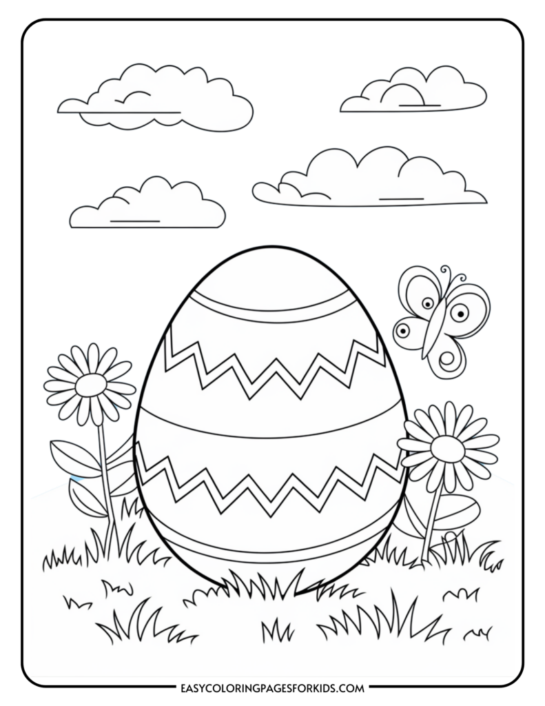 A coloring page featuring a large Easter egg with zigzag patterns, surrounded by flowers and grass, with a butterfly on the right and clouds in the sky.