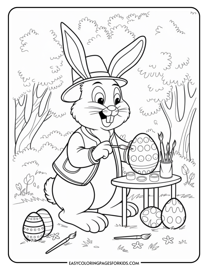 A cartoon rabbit wearing a hat and vest paints colorful designs on Easter eggs at a small table in a forest setting.