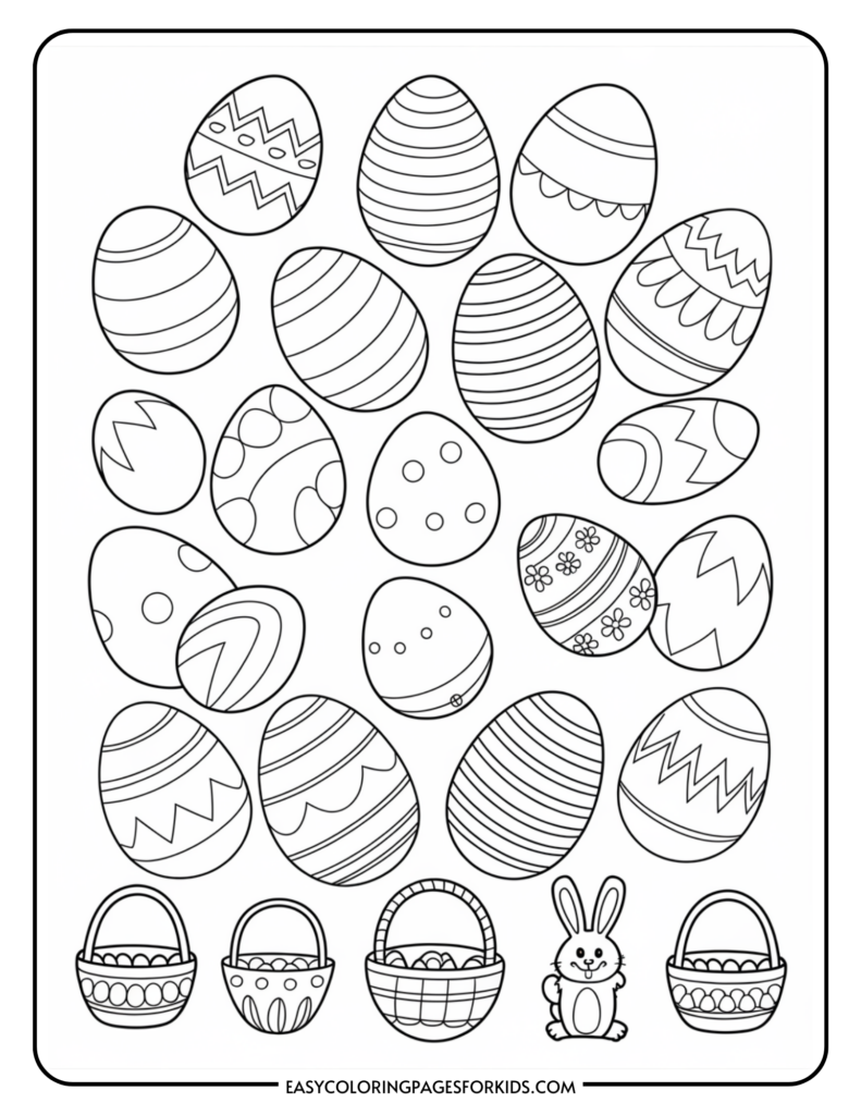 A coloring page featuring various patterned Easter eggs, five decorated baskets, and a smiling cartoon bunny at the bottom.