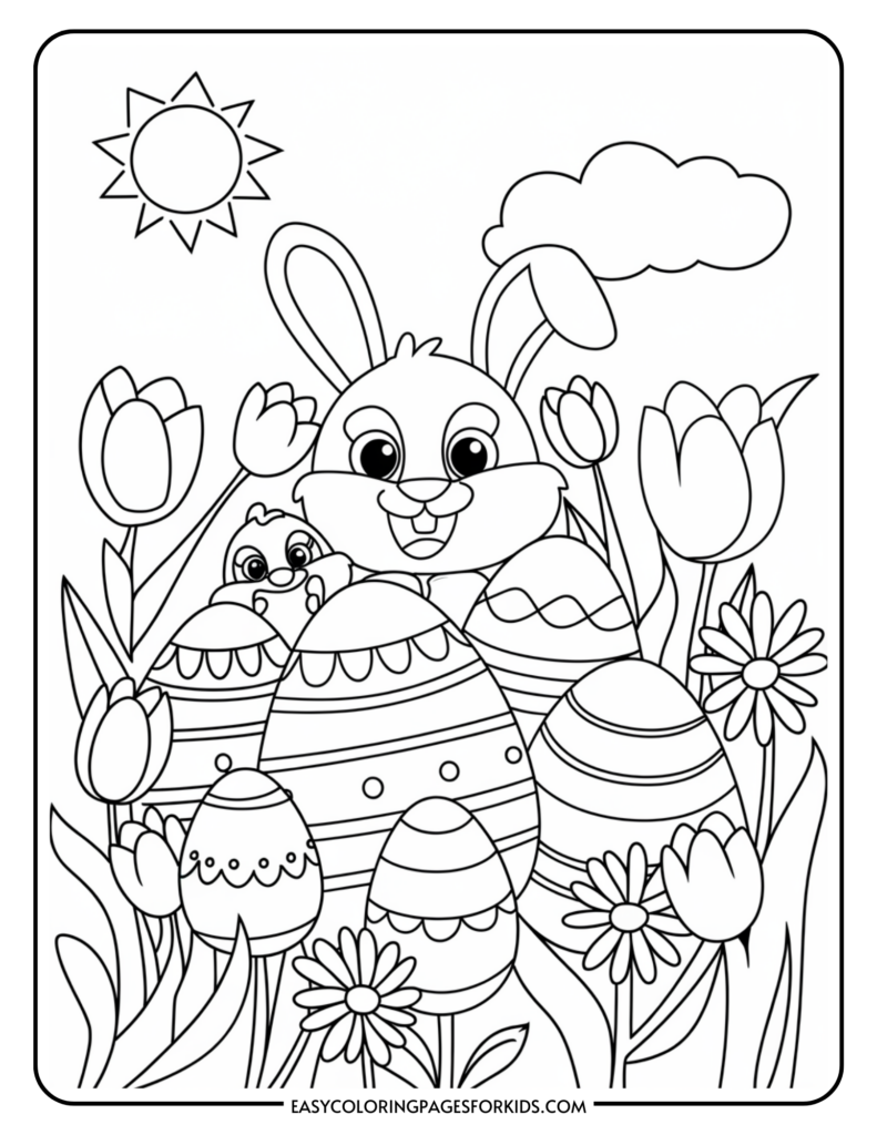 Coloring page featuring a cheerful cartoon bunny surrounded by decorated Easter eggs, tulips, and daffodils, with a sun and cloud in the sky.