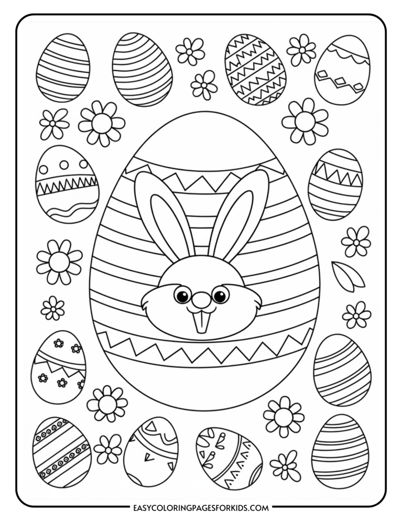 A coloring page featuring a large decorated Easter egg with a bunny face and ears at the center, surrounded by smaller decorated eggs and flowers.