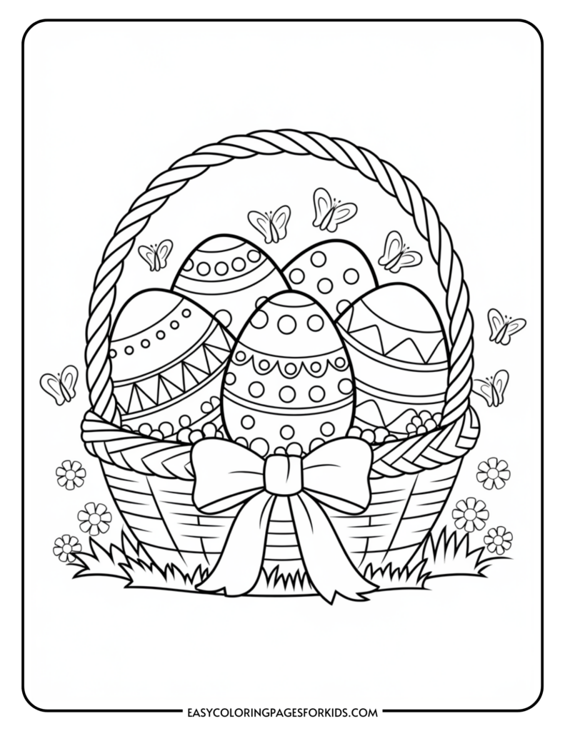 A black and white coloring page featuring an Easter basket filled with decorated eggs, surrounded by butterflies and flowers, and tied with a large ribbon.