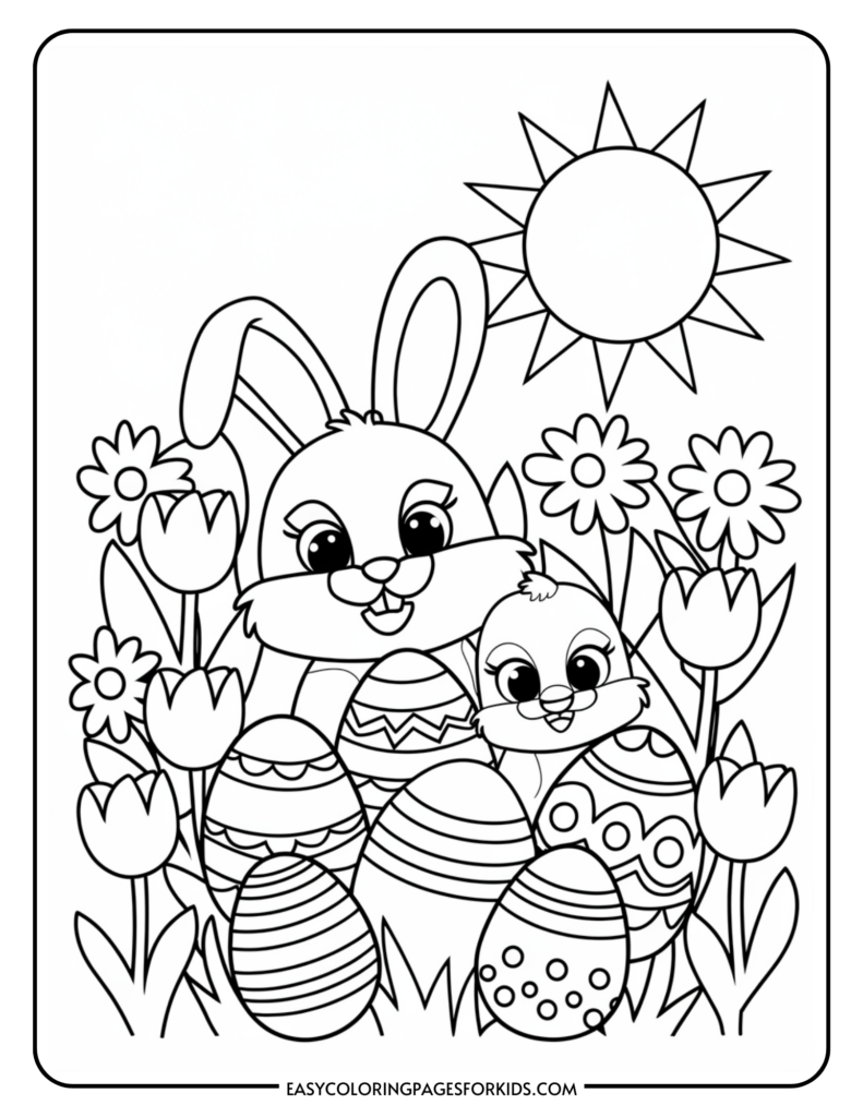 Black and white coloring page featuring a smiling bunny and chick surrounded by decorated Easter eggs, tulips, and daisies under a bright sun.