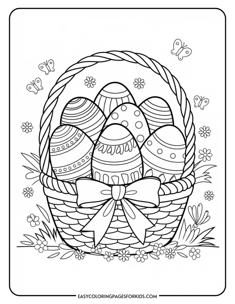 Coloring page of a basket filled with decorated Easter eggs, adorned with a large bow, surrounded by flowers and butterflies.