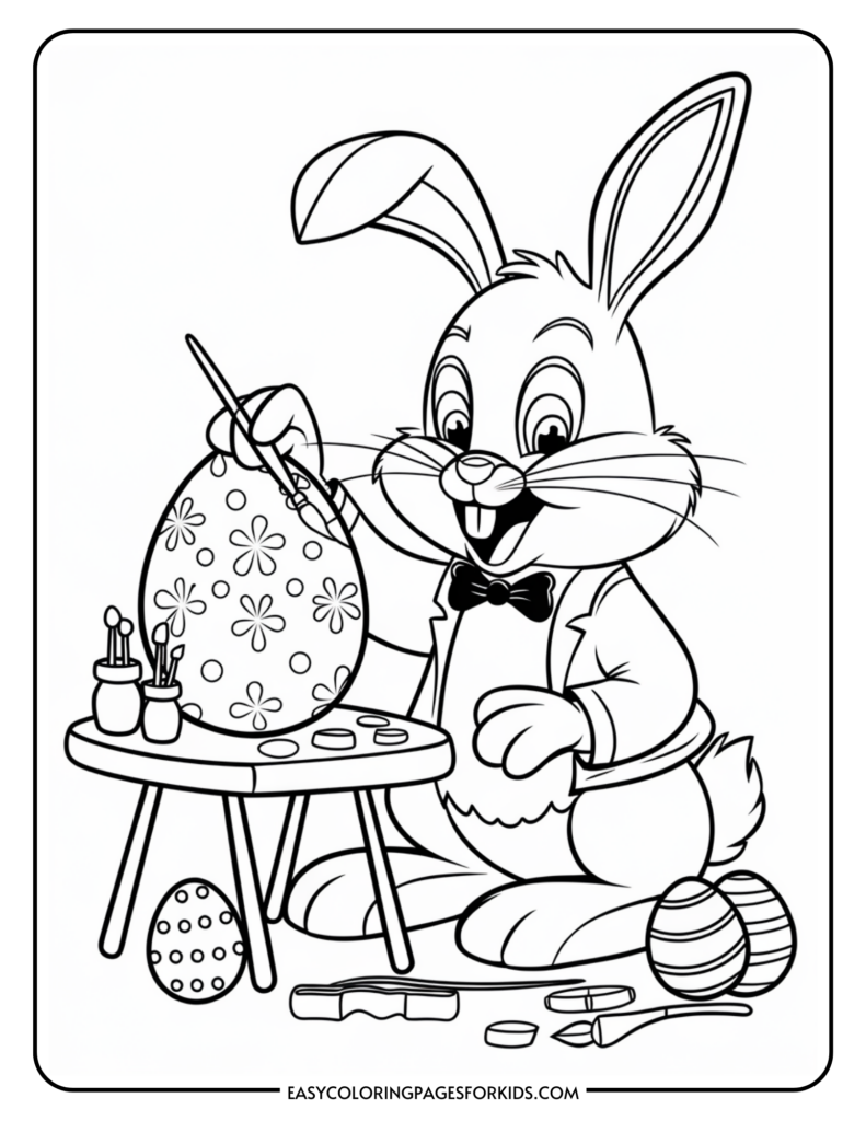 A cartoon rabbit painting Easter eggs, sitting beside a table with paint bottles and brushes, surrounded by decorated eggs.