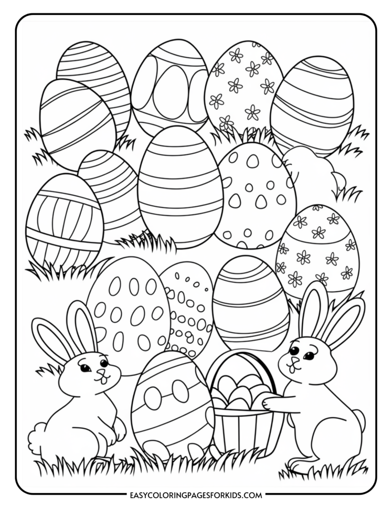 A coloring page featuring two cartoon rabbits among decorated Easter eggs, with one rabbit holding a basket full of eggs.