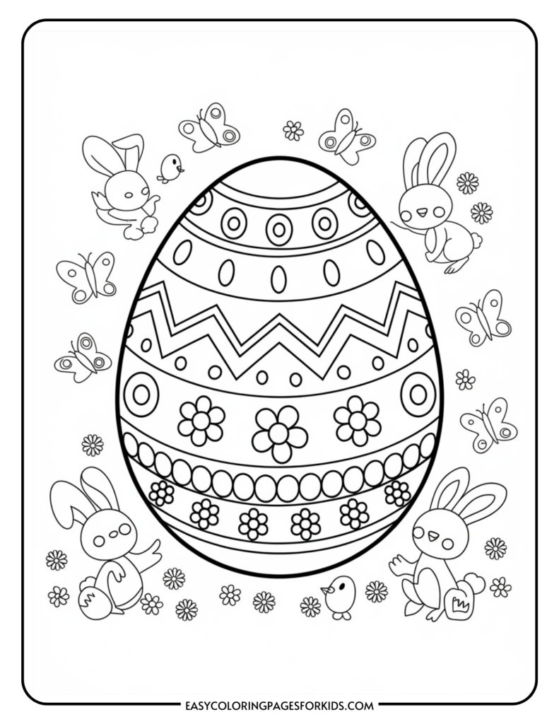 A coloring page featuring a large decorative Easter egg surrounded by rabbits, butterflies, and flowers.