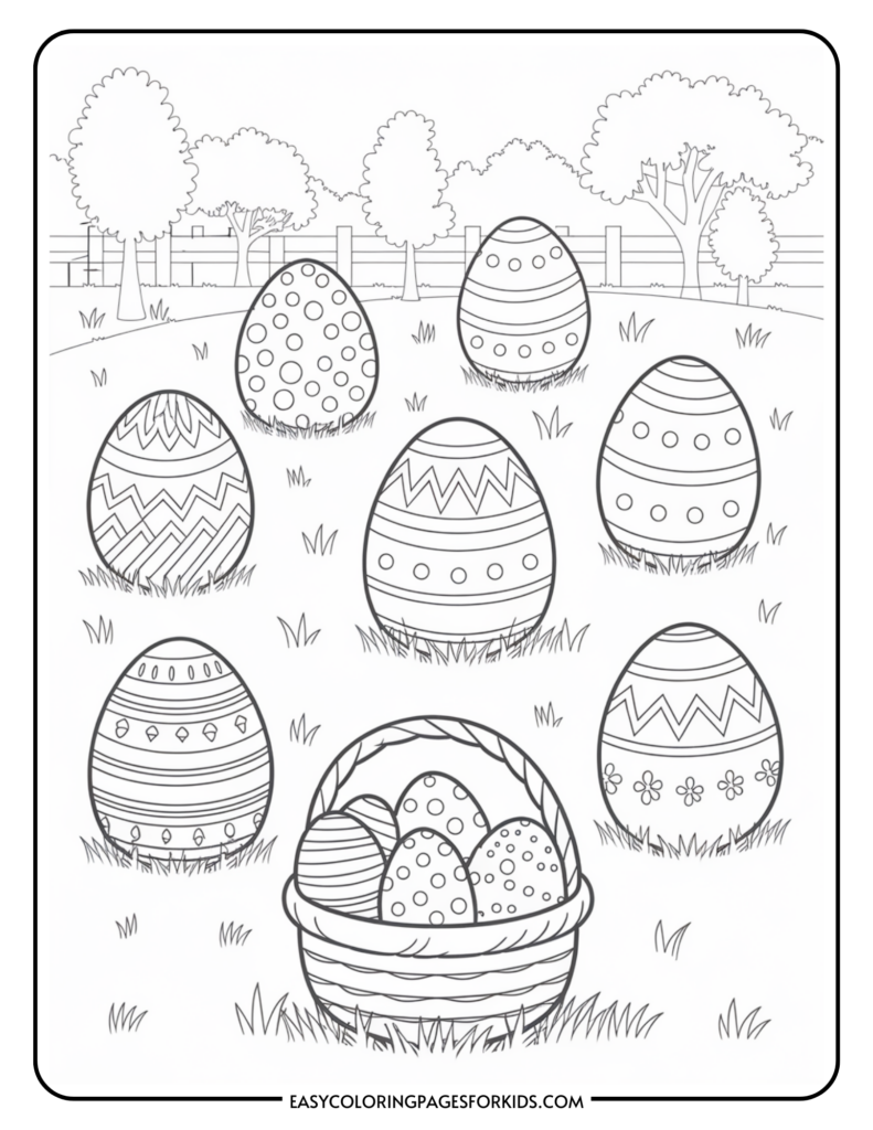 A coloring page showing a basket filled with decorated eggs and several decorated eggs scattered on the grass, with trees and a fence in the background.