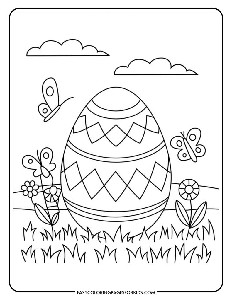 Coloring page of a decorated Easter egg in grass with flowers and butterflies, under a sky with clouds.