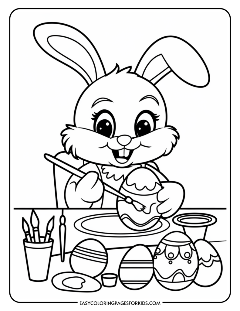 A cartoon bunny painting an Easter egg with various decorated eggs and painting supplies on a table.