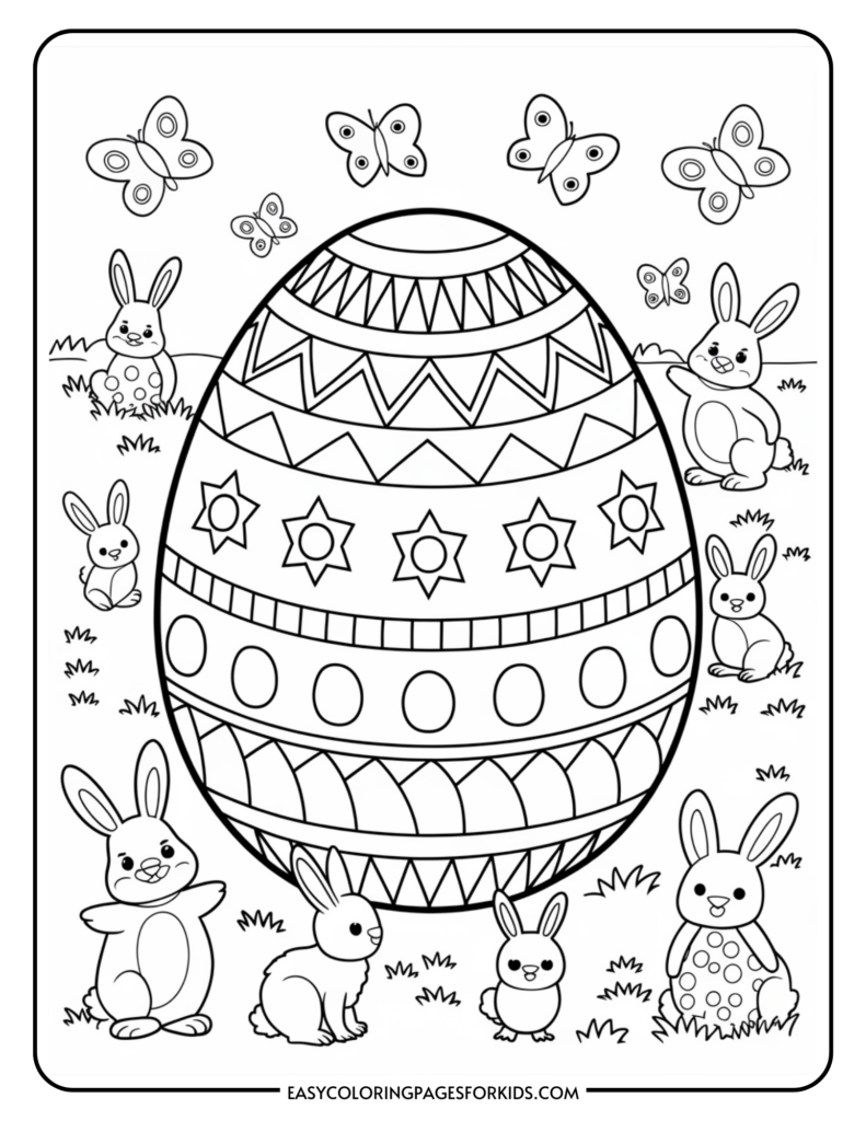 Coloring page featuring a large, intricately patterned easter egg surrounded by cute rabbits and butterflies in a garden setting.