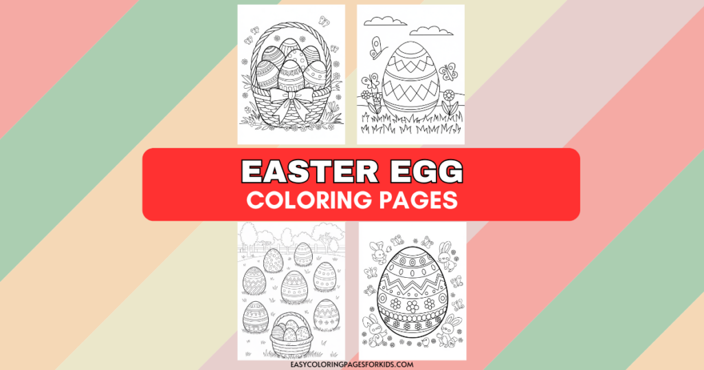 A collage of Easter egg coloring pages featuring intricately designed eggs in baskets and fields with flowers and butterflies, set against a pastel background with the text 'Easter Egg Coloring Pages' displayed in bold red letters.