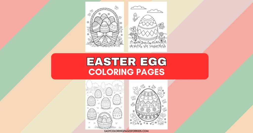 A collage of Easter egg coloring pages featuring intricately designed eggs in baskets and fields with flowers and butterflies, set against a pastel background with the text 'Easter Egg Coloring Pages' displayed in bold red letters.