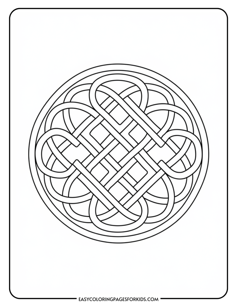 A coloring page featuring a complex, circular Celtic knot design with interwoven loops and lines, enclosed within a simple border.