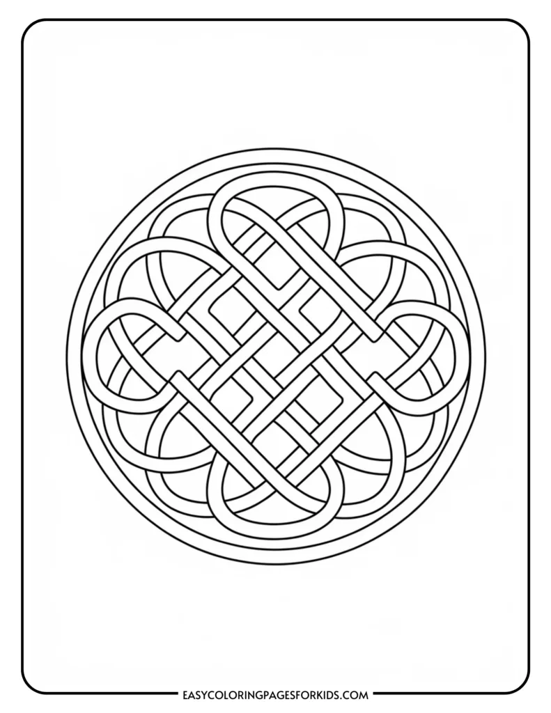 A coloring page featuring a complex, circular Celtic knot design with interwoven loops and lines, enclosed within a simple border.