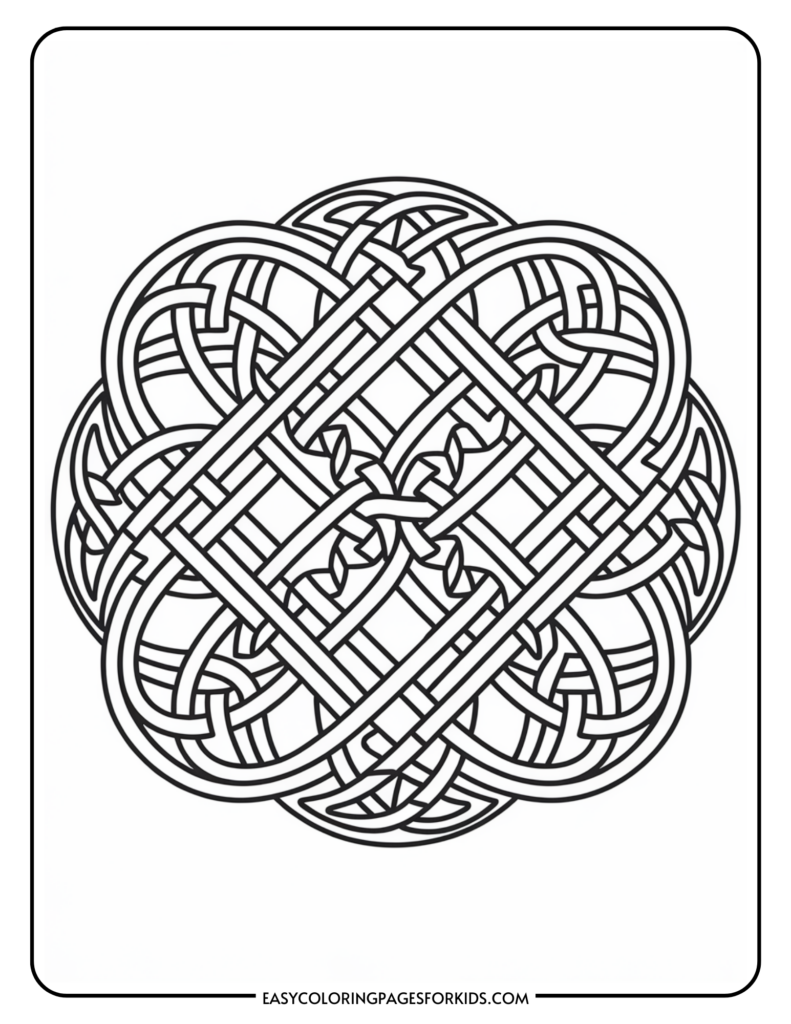 A complex Celtic knot design with intertwining loops and curves, forming an intricate symmetrical pattern on a rectangular page with rounded corners.