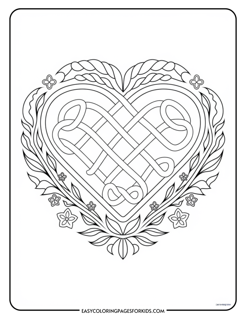 A black and white coloring page featuring a heart design with intricate patterns and surrounding foliage, including leaves and flowers, for coloring activities.