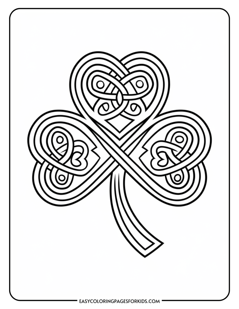 Celtic knot design in the shape of a clover leaf with intricate interwoven lines on a white background.