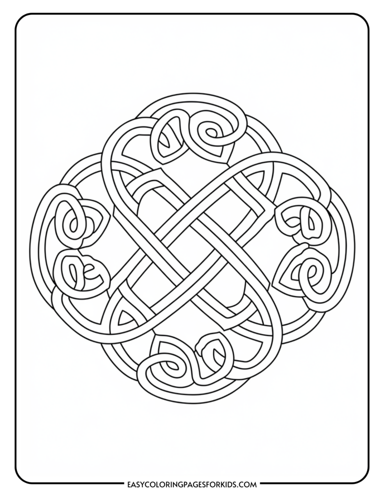 A complex Celtic knot design with intertwined loops and intricate curves, displayed on a coloring page.