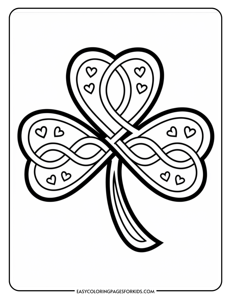 A coloring page featuring a stylized shamrock with intricate loops and heart shapes within each leaf.