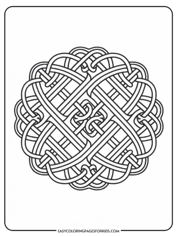 Intricate Celtic knot design with interwoven loops and lines creating a symmetrical pattern.