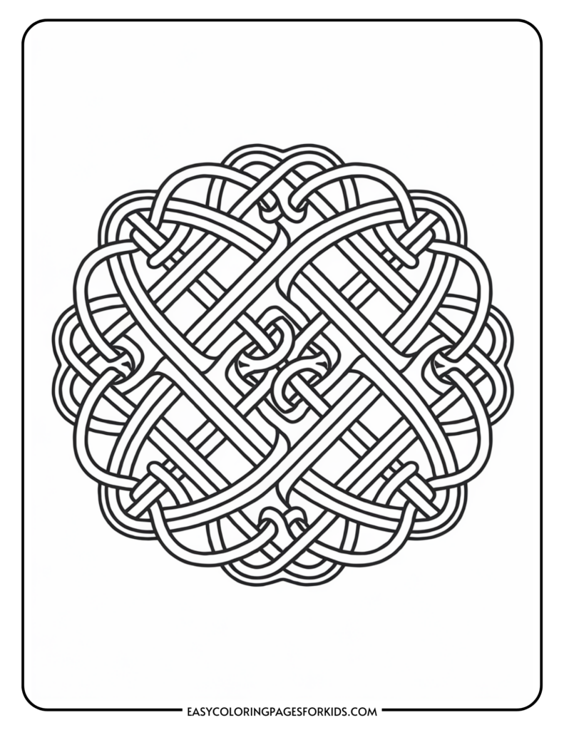 Intricate Celtic knot design with interwoven loops and lines creating a symmetrical pattern.