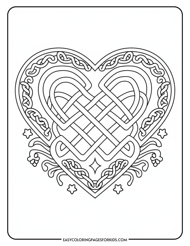 Intricate heart-shaped coloring page with Celtic knot patterns and decorative swirls, designed for children's art activities.