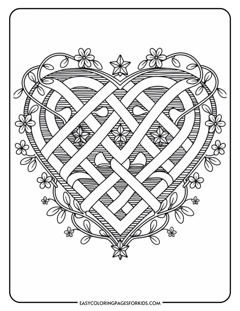 An intricate heart-shaped coloring page with a woven pattern, surrounded by flowers, stars, and swirling vines.