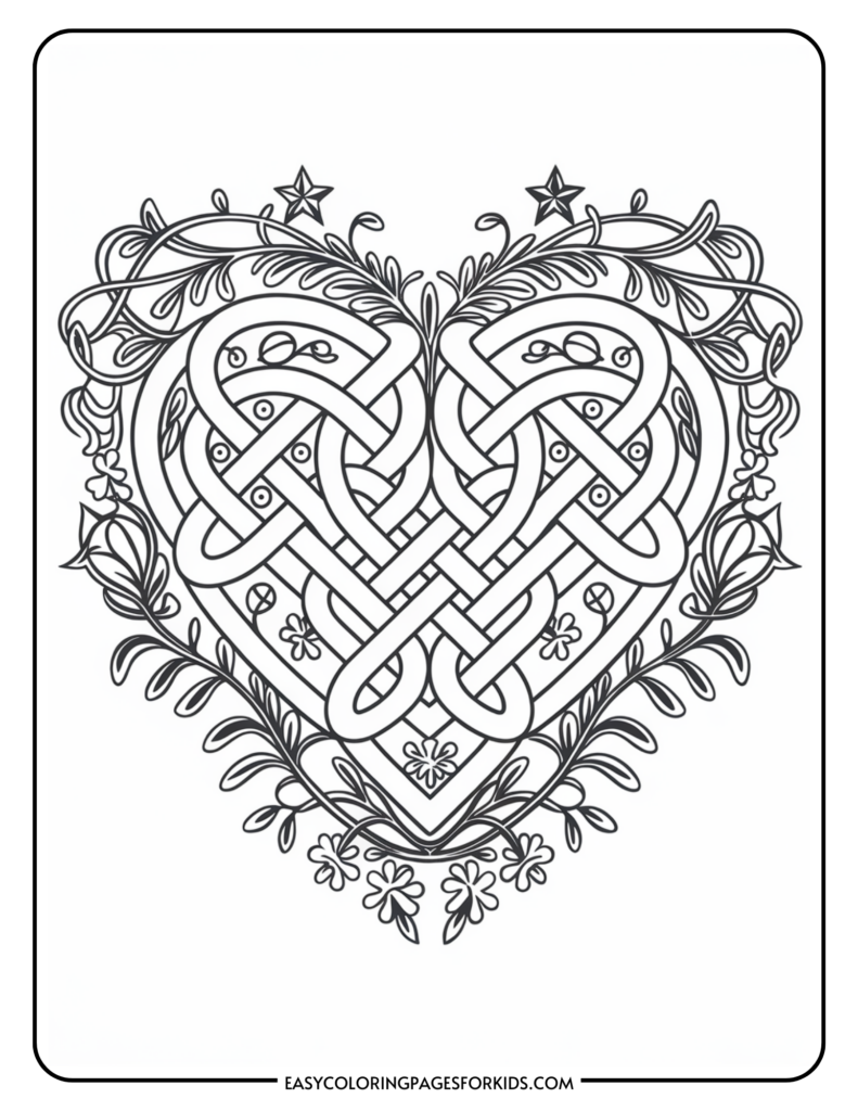 Intricate heart-shaped Celtic knot design surrounded by floral and leaf patterns on a coloring page.