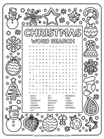 A Christmas-themed word search puzzle for kids, featuring words like Santa, snow, elf, and reindeer, surrounded by festive illustrations like snowflakes, ornaments, stars, and snowmen.